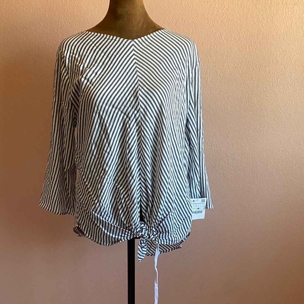 Zara Blue and White Striped Knot-Front Blouse
